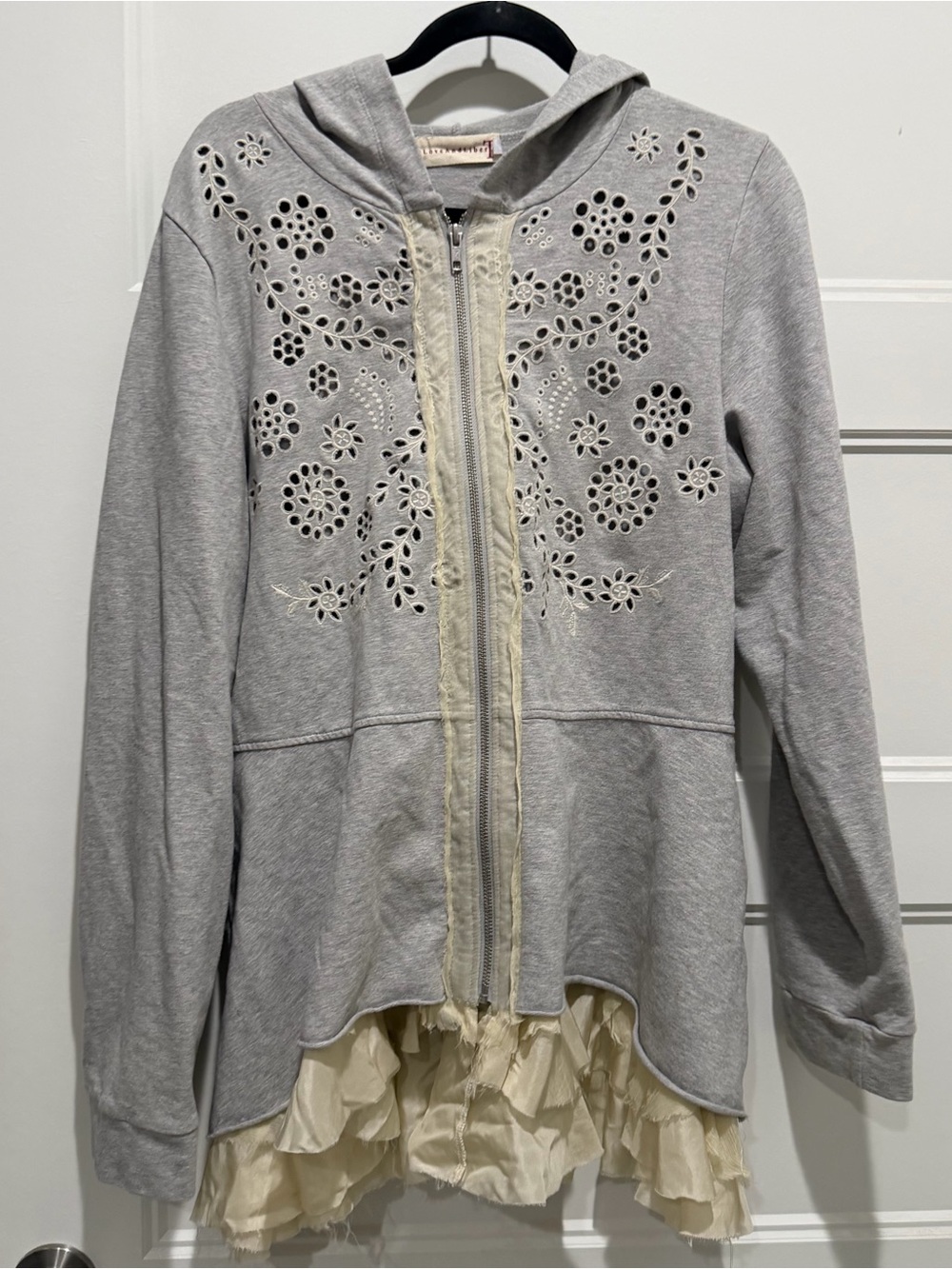 Johnny Was Women’s Hooded Zip Front Top with Eyelet Detail and Cream Ruffle Hem